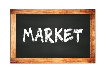 MARKET text written on wooden frame school blackboard.