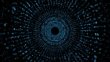 Abstract background with the movement of luminous particles. Cyber tunnel. Moving glowing points. Futuristic infinite space background. Abstract 3d portal.