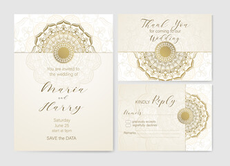 Wedding invitations set with golden mandala. Wedding invite, thank you, rsvp, vector gold design.