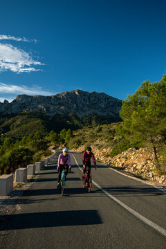The hills in and around Calpe village with Bernia mountain in the background, area very popular with cyclists, Costa Blanca, Alicante, Spain