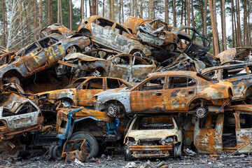 Fototapeta na wymiar Many shot and destroyed cars of civilians at the car graveyard in Irpin, Ukraine. War in Ukraine. Car accident.