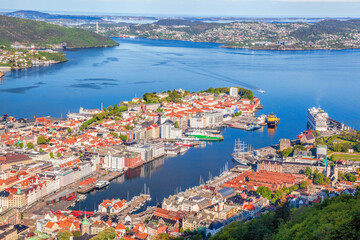 Naklejka na ściany i meble Beautiful view of city center Bergen with harbor from Floyen in Norway, UNESCO World Heritage Site