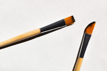 top view of paintbrushes on white textured background.