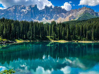 Carezza lake, Dolomites, Trentino Alto Adige, Italy. Panorama