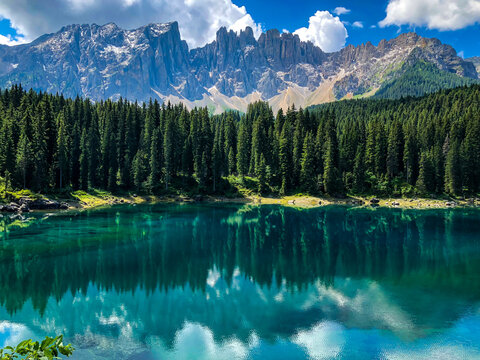 Carezza lake, Dolomites, Trentino Alto Adige, Italy. Panorama © Aerial Pictures