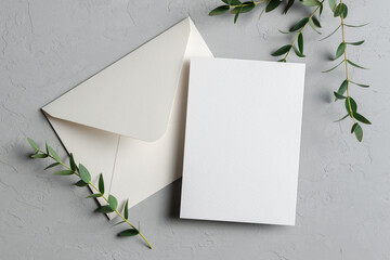 Wedding invitation card mockup with eucalyptus twigs and envelope - obrazy, fototapety, plakaty