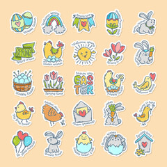 Easter hand-drawn doodle sticker with lettering. Cute colorful symbol and element