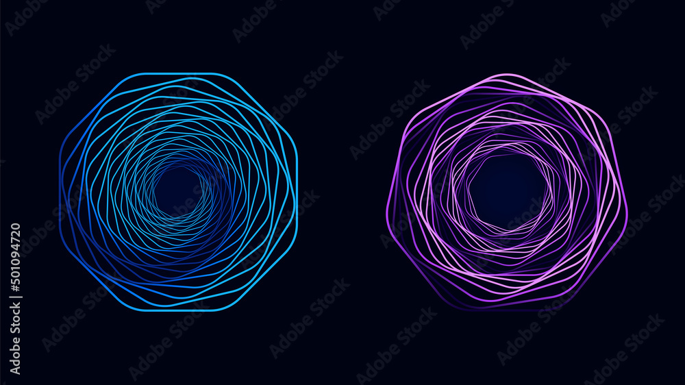 Poster set of twisted spirals. sacred geometry. tunnel with lines in the form of a circle and hexagons. vec