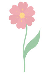 Flower. A blooming bud with a yellow core. Flowering plant with pink petals. Color vector illustration. Green leaf on the stem. Isolated background. Flat style. Idea for web design, invitations