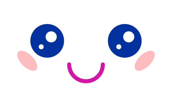 Blue eyes pink cheecks blush chibi emoiji kawaii smile. Happy expression smiley face. Smirk kawaii emoiji manga cartoon character 