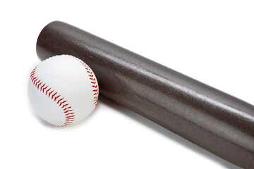 Image of Laquered Wooden Brown American Baseball Bat Along With Clean Leather Ball Placed Together Over White Background.