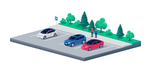 Modern cars parked on empty or full parking lot with persons standing talking near vehicle. Travel facility place on rest stop area on street road highway. Vector illustration on white background.