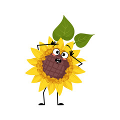 Sunflower character with panic emotions, surprised face, shocked eyes, arms and legs. Plant person with scared expression, yellow sun flower emoticon. Vector flat illustration