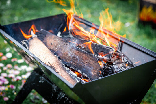 Making barbeque in nature. Barbecue with meat and fire for holidays. Tasty BBQ on picnic day.