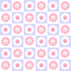 70’s cute seamless smiling daisy pattern with flowers. Floral checkered hippie funky vector background. Perfect for creating fabrics, textiles, wrapping paper, packaging.