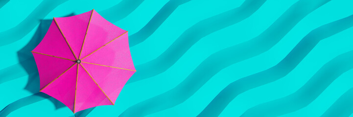 Top view on pink umbrella on turquoise blue sand beach 3D Rendering, 3D Illustration © hd3dsh