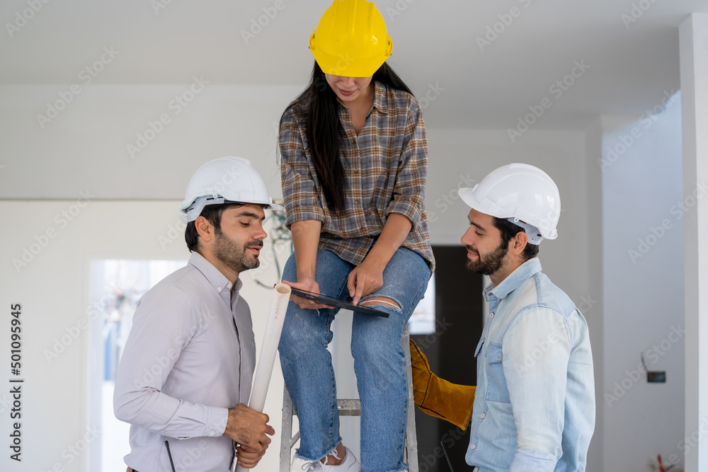 Aufkleber architect and engineer discussing planning for a building a new home at construction site,architect 