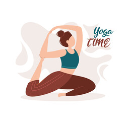 Yoga time. The girl is engaged in sports. Home yoga. Do sport at home. Flat illustration, banner.