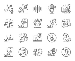 Voice line icons. Voicemail, microphone record and silence. Whisper talk, listen voice and ear hearing disability line icons. Speak recognition, phone dictation and audio sound wave. Vector