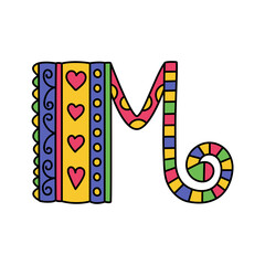Colorful doodle letter M. Hand drawn line ABC. Sketch alphabet. Kids illustration