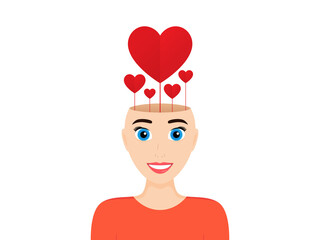 Mental health, love in mind and psychology concept. Human head with hearts. Positive thinking, mental health care, healthy mind. Happy love, psychotherapy illustration. Vector