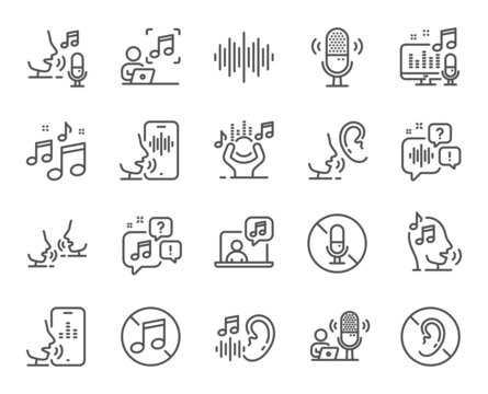 Voice Line Icons. Voicemail, Microphone Record And Silence. Whisper Talk, Listen Voice And Ear Hearing Disability Line Icons. Speak Recognition, Phone Dictation And Audio Sound Wave. Vector