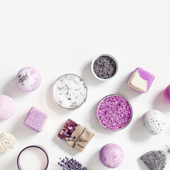 lavender spa products, bath bomb, sea salt, bar of soap, hygiene items for bath and spa with dry lavender flower. Natural cosmetic for beauty treatment and body care, herbal medicine