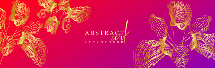 Luxury floral pattern. Petals and flowers in line art style. Style of futuristic golden lines, guilloche curves, parallels on a purple and red background. Modern vector banner.