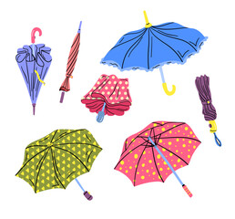 Cartoon Color Different View Umbrella Icon Set Season Rain Protection Concept Flat Design Style. Vector illustration of Umbrellas