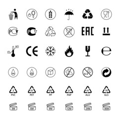 Packaging and Recycling Symbol Black Thin Line Icon Set Warning Elements Pack. Vector illustration of Icons