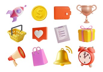 3d Different Shopping Element Icon Set Plasticine Cartoon Style Include of Wallet, Gift Box and Megaphone. Vector illustration