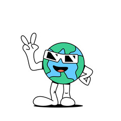 Planet earth cartoon standing and merrily showing peace sign.Globe symbol.Earth day celebration concept,ecology care.Stock vector illustration of planet earth.Isolated white background.