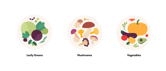 Food illustration collection. Vector flat design of leafy greens, mushroom and vegetables symbol in circle frame isolated on white background.