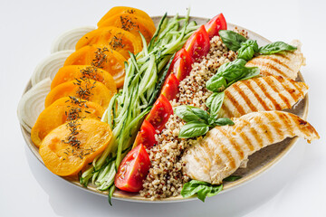 quinoa salad with grilled chicken and vegetables on a white background