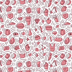 Cute seamless pattern doodle hand drawn differen icons on the pink color for web, wrapping paper, fabric, textile and design
