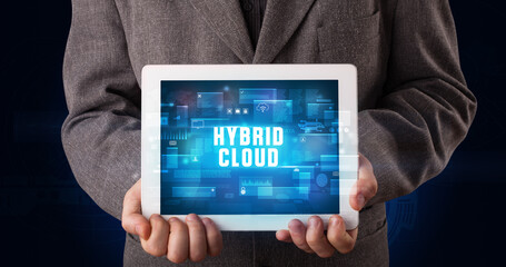 Person holding tablet, security concept