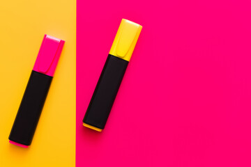 top view of colorful marker pens on pink and yellow background.