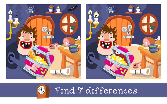 Find 7 differences. Game for children. Funny giant with chest and gold. Cartoon character. Vector illustration.