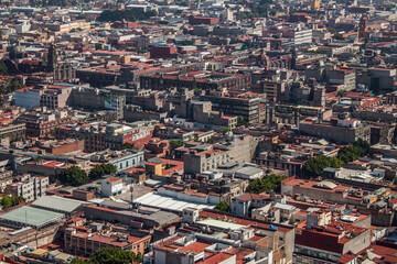 Fototapeta na wymiar Panoramic view of Mexico City. Downtown district neighborhood skyline in the city center of the Central American capital, CDMX, México.