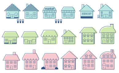 お店・住宅の建物の外観　アイコンイラストのセット