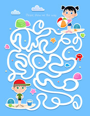 Summer fun - Find the way - Kids on the beach - Lovely activity page for preschool and school children