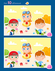 I spy ten differences - Activity page for preschool and school kids - Summer day on the beach