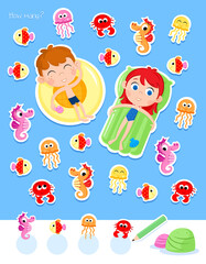 Summer time on the beach - Happy kids - Counting game - Activity page for preschool and school kids 