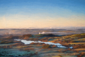 Fine art, artwork. Digital oil painting of Tittesworth Reservoir from The Roaches in the Peak District National Park.