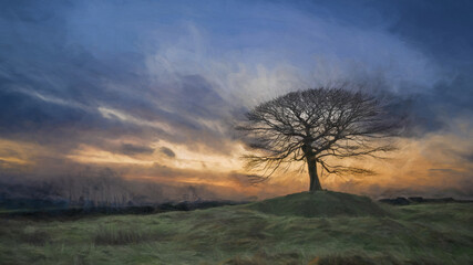 Fototapeta na wymiar Digital abstract oil painting of a lone tree on Grindon Moor, Staffordshire, White Peak, Peak District.