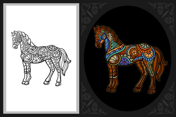 Colorful Horse zentangle art with black line sketch isolated on black and white background
