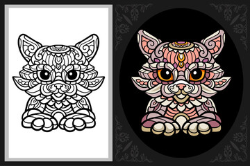 Colorful cat zentangle art with black line sketch isolated on black and white background