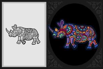 Colorful rhinoceros zentangle art with black line sketch isolated on black and white background