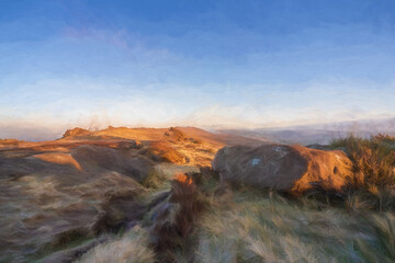 Fine art poster. Digital abstract oil painting of The Roaches. Winter sunrise in the Peak District National Park.
