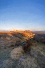 Fine art poster. Digital abstract oil painting of The Roaches. Winter sunrise in the Peak District National Park.